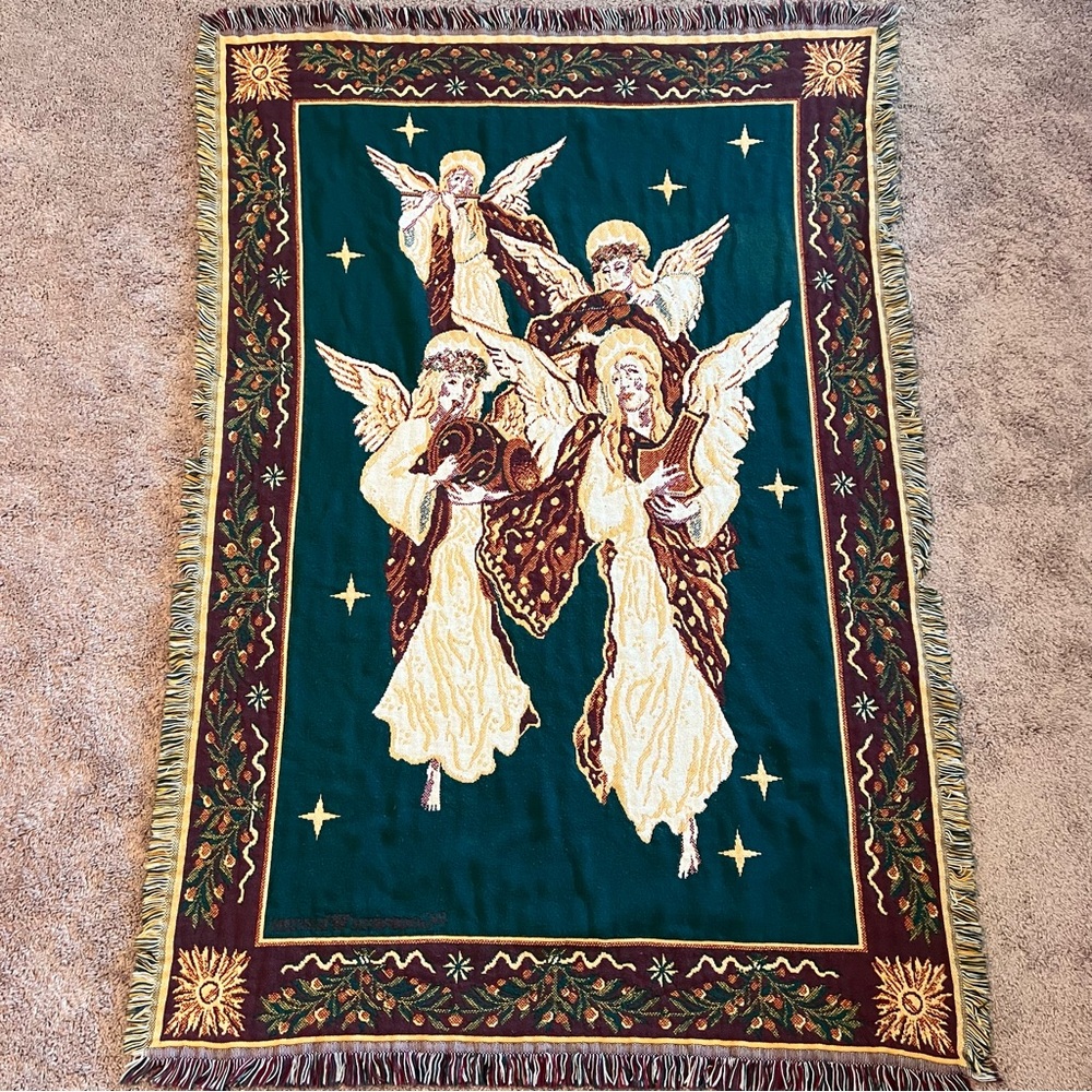 Festive Holiday Tapestry Throw blanket cover with Angels 46” x 66”